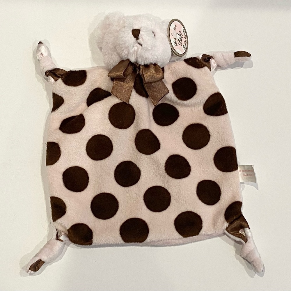 Bearington Baby Lovey Bear Pink Brown Polka Dot Satin Ribbon Bow Square Knot Toy